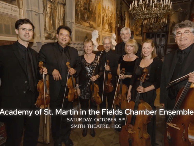 8 musicians stand next to each other holding their stringed instruments (Academy of St Martin in the Fields