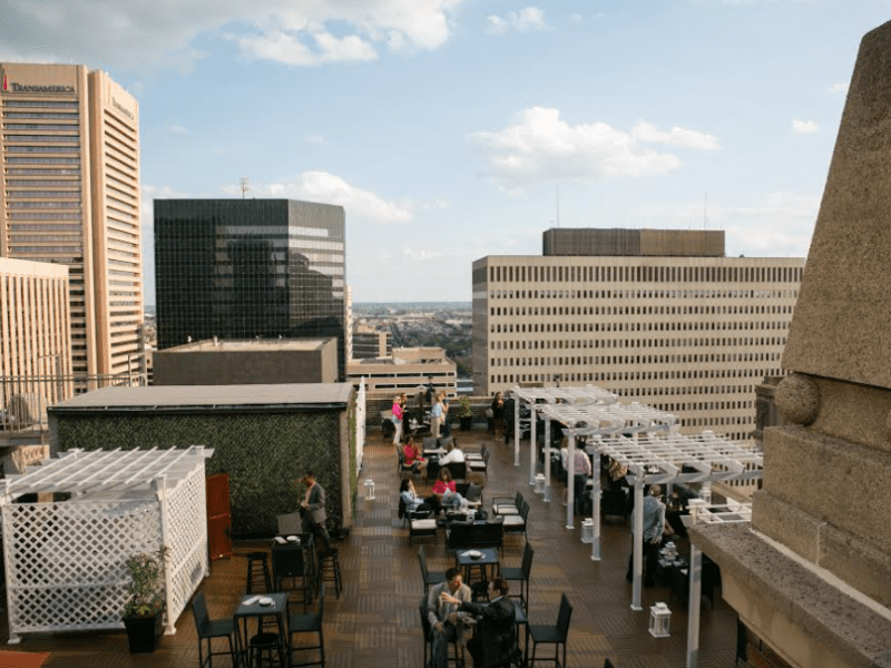 view of Baltimore skyline from rooftop of Lord Baltimore Hotel