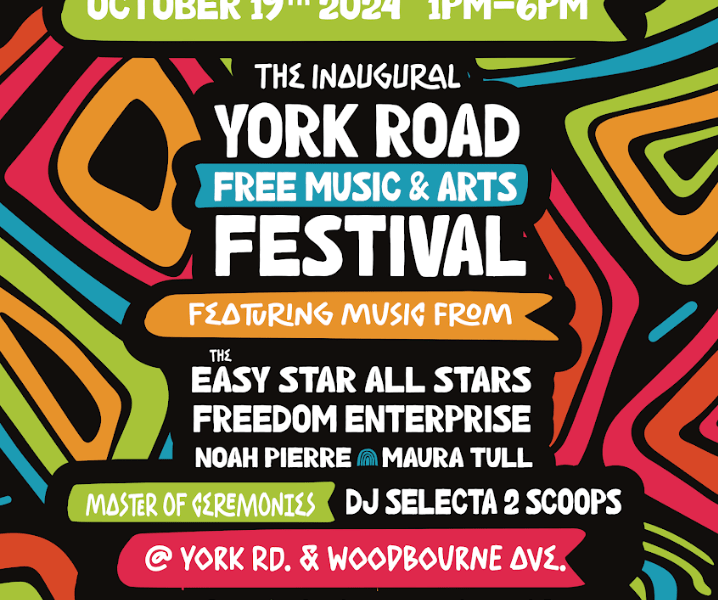 colorful geometric shapes on black background with words announcing York Road Music and Arts Festival