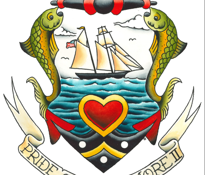 tattoo design drawing for pride of baltimore II, with fishes, hearts, ship in center on a blue sea, and pride of baltimore banner beneath the drawing.