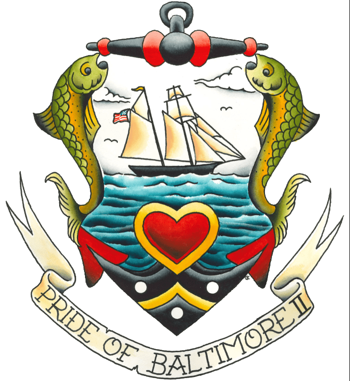 tattoo design drawing for pride of baltimore II, with fishes, hearts, ship in center on a blue sea, and pride of baltimore banner beneath the drawing.