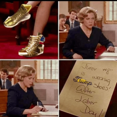 A meme swaps out Juror No. 8's white heels for gold Trump sneakers in John Waters' "Serial Mom" film.